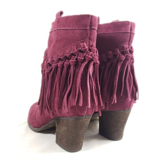Sbicca Womens 7.5 Suede Fringe Heeled Ankle Boots Burgundy Western Style - Picture 5 of 9